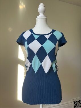 SAY WHAT? Y2K Blue Argyle Academia Preppy Banded Short‎ Sleeve Top Size Medium